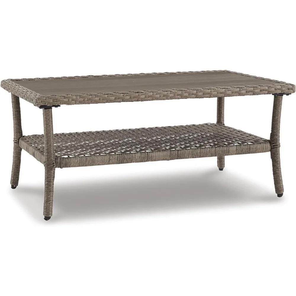 Clear Ridge Outdoor Vime Coffee Table, Rust Free Aluminum Base, Castanho Claro