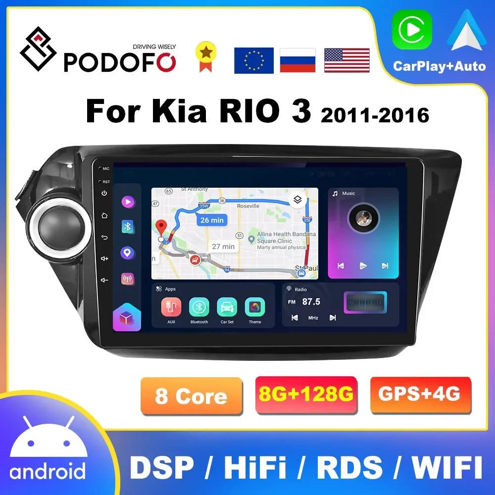 Podofo 4G Android CarPlay Car Radio For Kia RIO 3 4 2011-2016 Multimedia Player 2din Head Unit GPS Navigation RDS HiFi Stereo