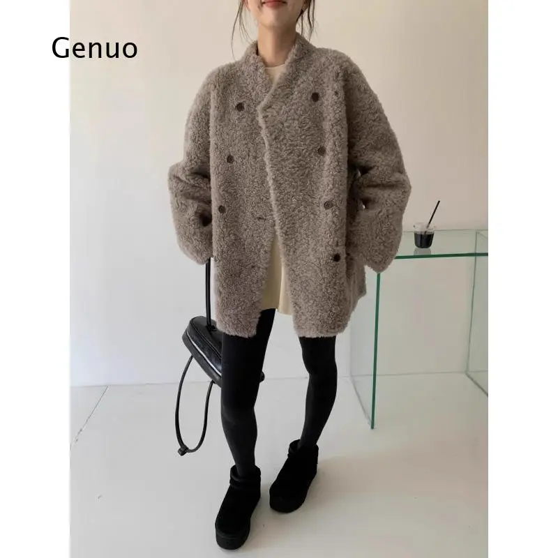 Women Sheepskin Fur Coat Mid Long Double Breasted 100 Wool Shearling Fuzzy Overcoat Winter Warm Outerwear for Daily Casual