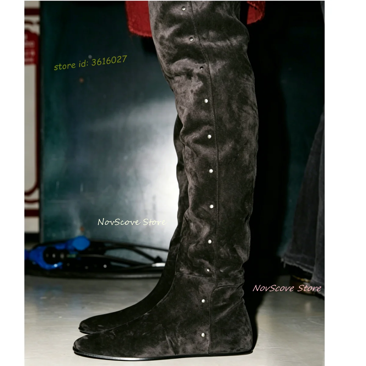 Flat Square Toe Over The Knee Booties Side Zip Studded Suede Thigh High Booties Fashion Women Winter Comfort Long Booties