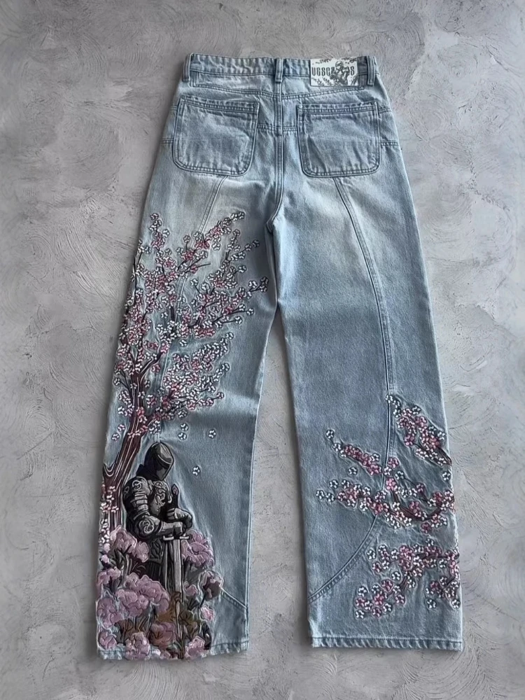 

HOUZHOU Y2k Vintage Cherry Blossom Embroidery Women Man Jeans Distressed Wide Leg American Style Straight Denim Trousers Baggy
