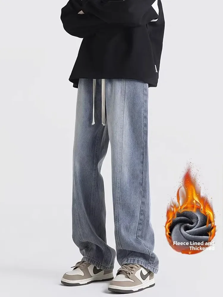 

Мужские повседневные джинсы с прямыми штанинами на подкладке, модные брендовые свободные широкие брюки в американском стиле, длинные брюки