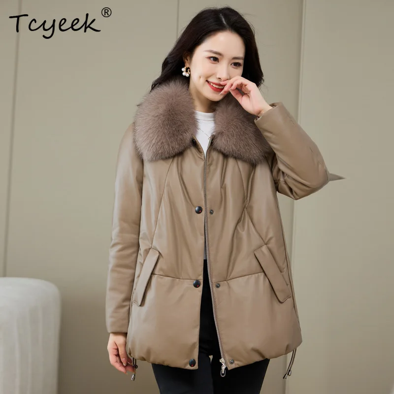 Tcyeek 리얼 양가죽 화이트 덕다운 가을 겨울 라펠 중간 길이 여성용 천연 가죽 재킷