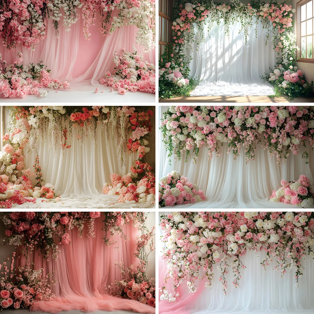 Pink White Flower Wedding Background Beautiful Rose Bridal Shower Spring Tea Party Girl Birthday Cake Table Backdrop Photo Booth