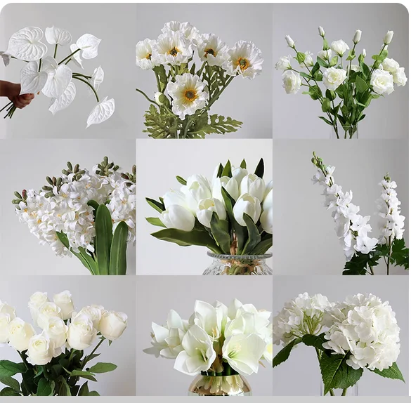 Moisturizing white roses at home, sitting room table, silk flower fake flowers, photography, wedding celebration, holding flower