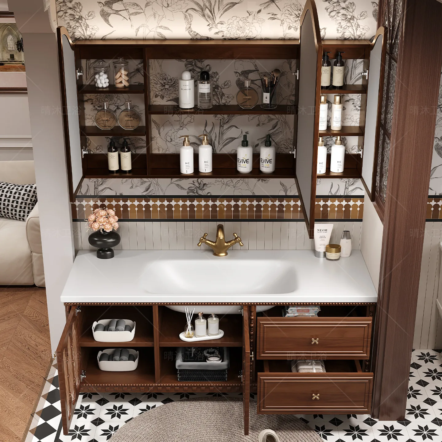Factory Direct 2026 French retro style bathroom cabinet combination rock slab hot bending integrated basin smart mirror cabinet