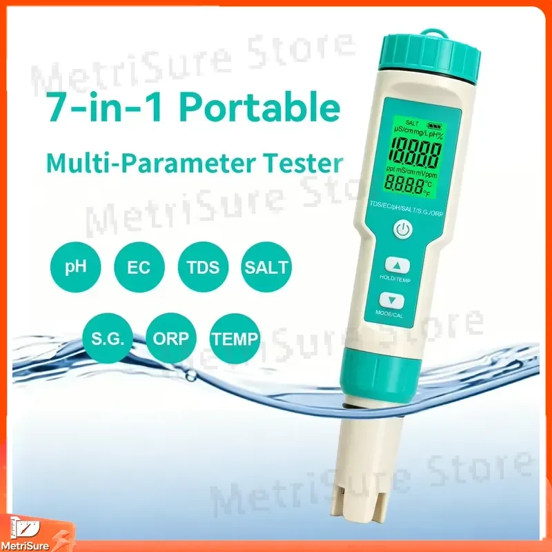 7 in 1 Water Quality Tester pH TDS EC Temperature Salinity ORP Specific Gravity Digital Meter for Swimming Pool Aquarium
