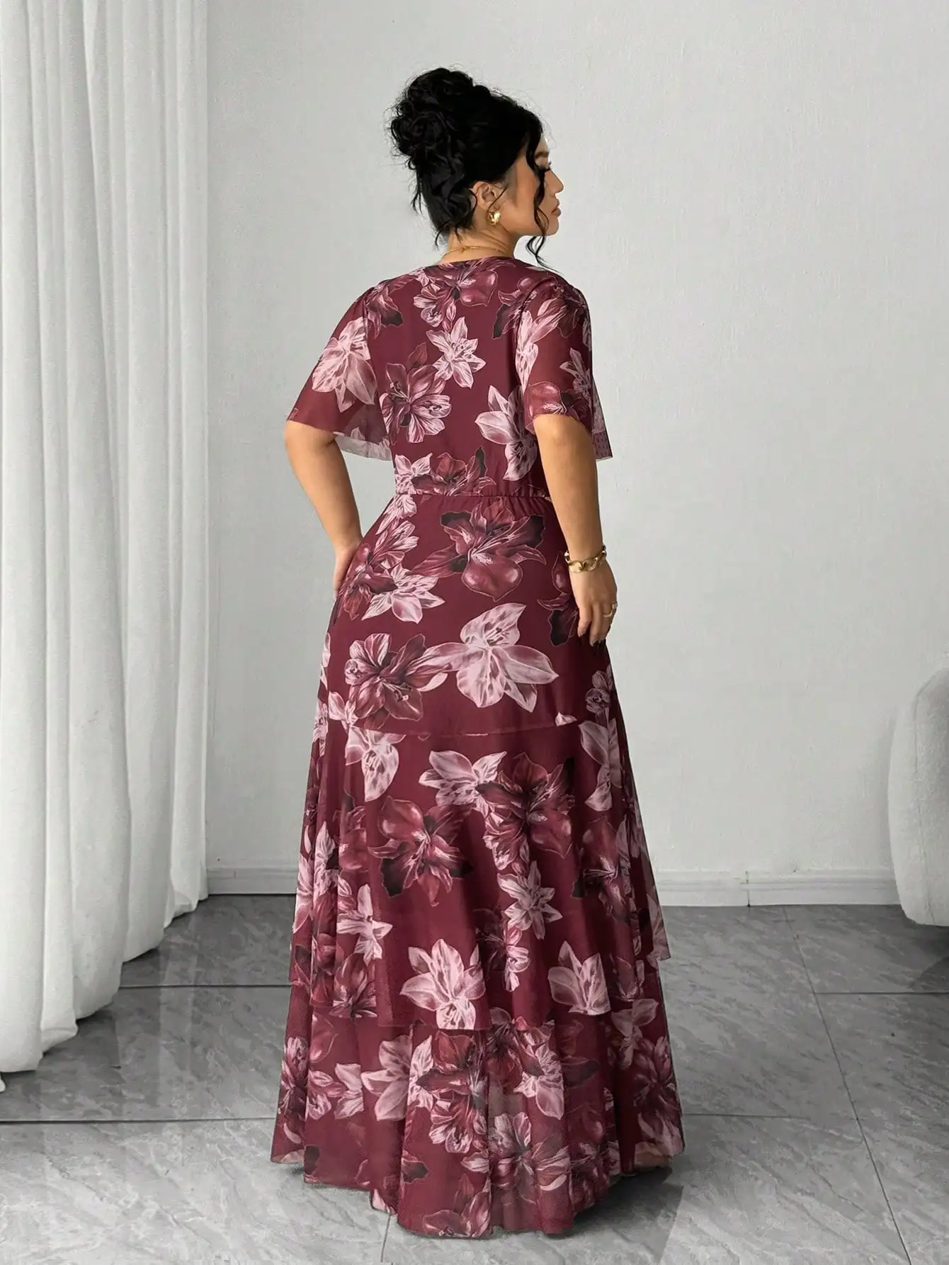 

Plus Size Burgundy Floral Maxi Dress Short Sleeve Deep V Neck Wrap A-Line Flared Hem