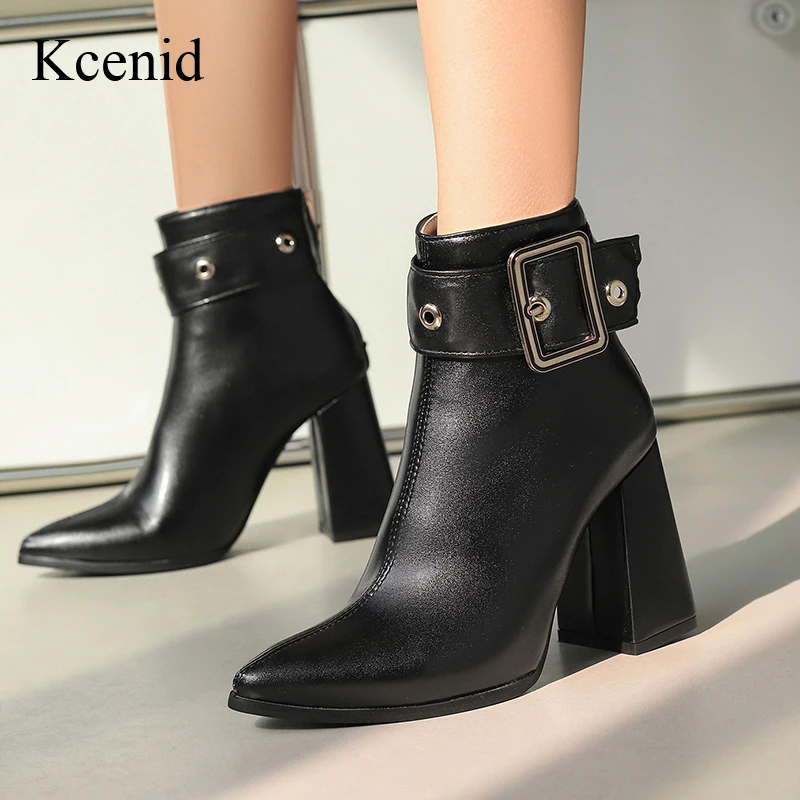 

Kcenid Large Size 33-50 Concise Fashion Square Button Modern Boots Women High Heel Pointed Toe Short Plush Ankle Boots For Women