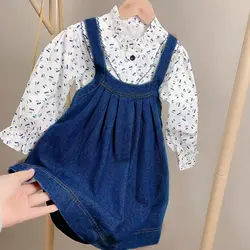 2022 Autumn New Girls' Clothing Sets  Casual Skirt Suit Floral Long-Sleeved Shirt + Denim Suspender Skirt Fashion Kids Outfit