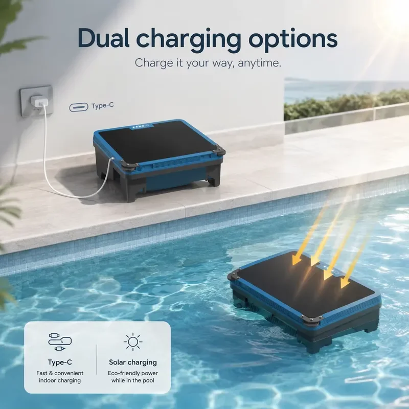 Solar Powered Pool Cleaning Robot 10W Panel Adapter Remote Control Fixed Point Cleaning Mode Automatic Swimming Pool Cleaner