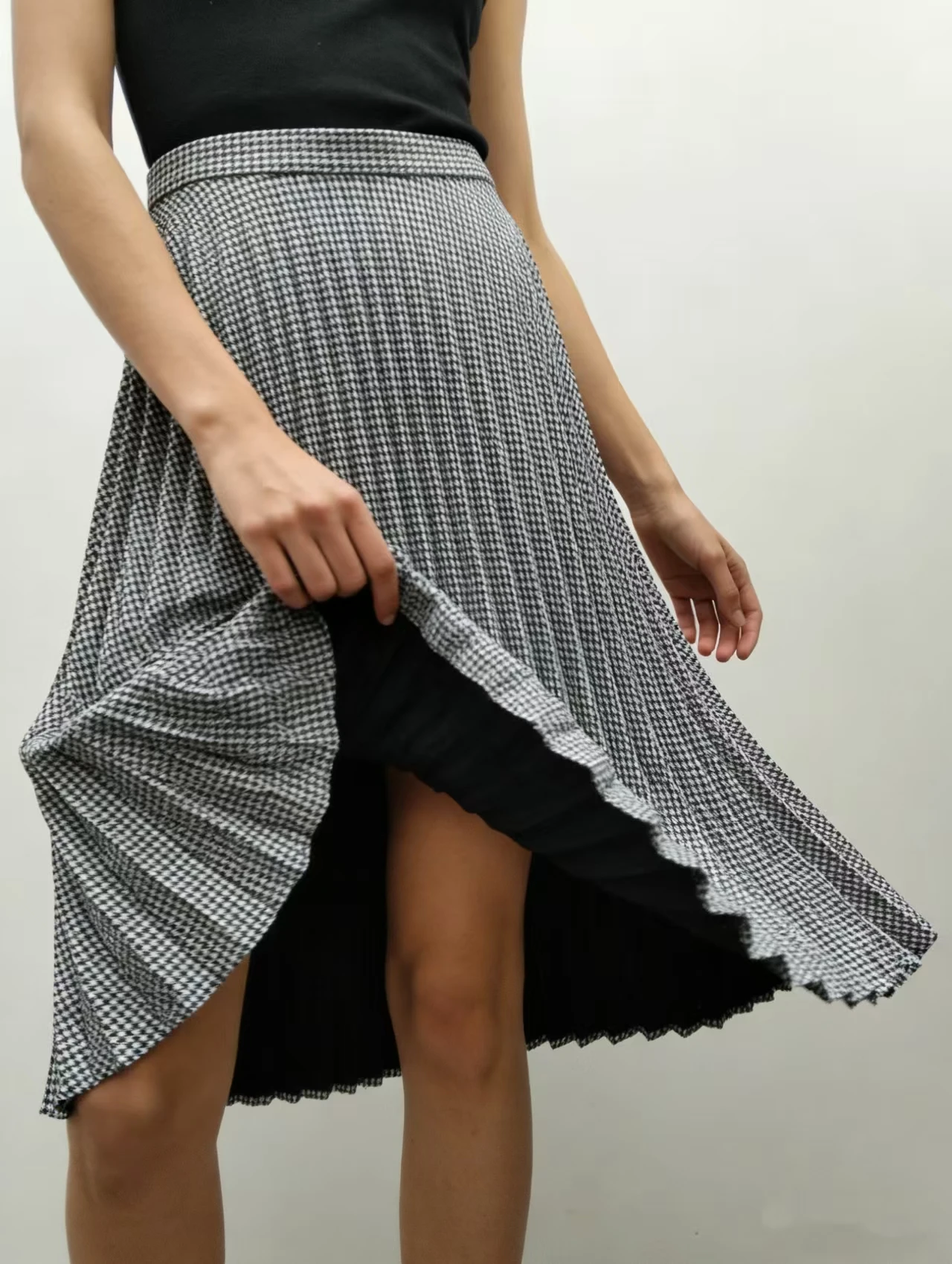 Fenggejiwo Women's Casual Pleated Skirt High Waist Slimming Plaid A-line Skirt