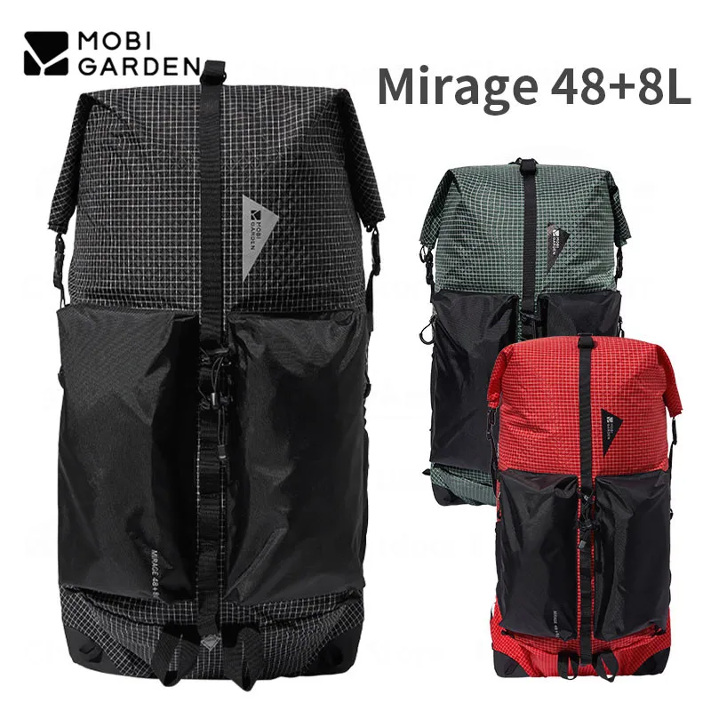 MOBI GARDEN Camping Climbing Backpacks 48+8L Large Capacity Hiking Tourists Bag Aluminum Alloy Bracket 420D Nylon Fabric Mirage