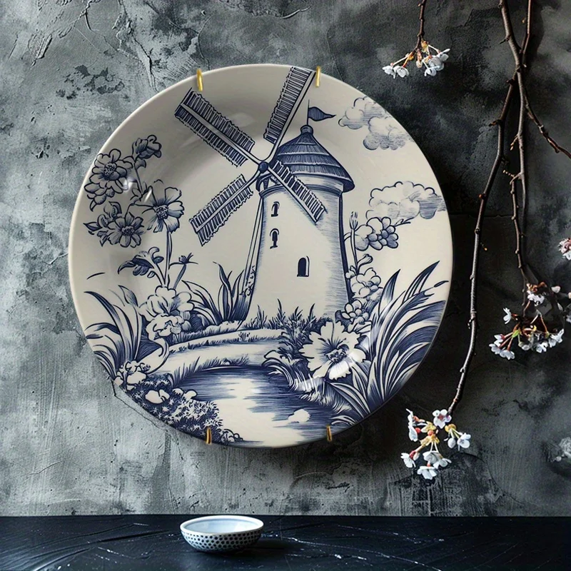 1pc Dutch Windmill Ceramic Decorative Plate - European Vintage Hand-Painted Ornament, Round Art Deco Wall Hanging Decor for