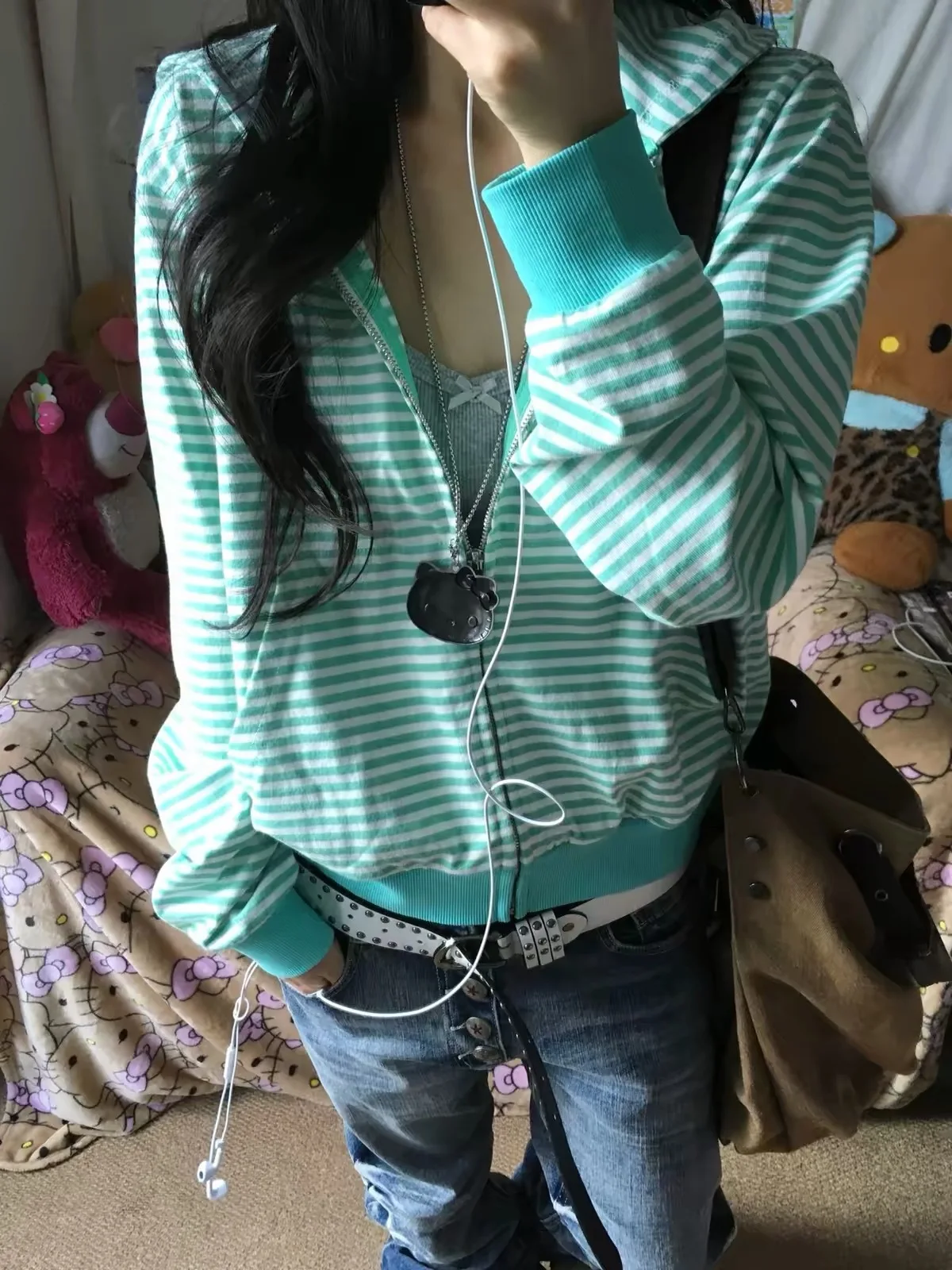 HOUZHOU Women Vintage Striped Mint Green Hoodie Y2K Harajuku Zip-up Long Sleeve Sweatshirt Casual Patchwork Jacket Autumn Winter