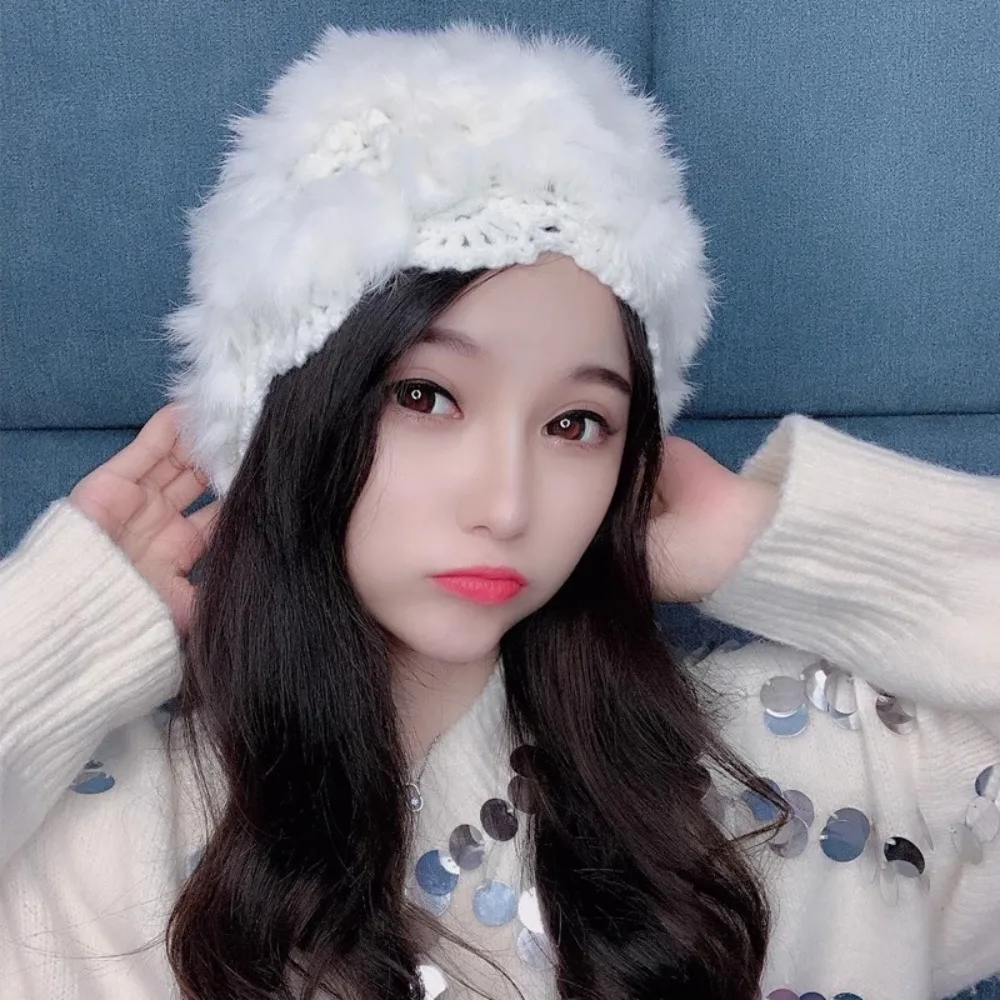 Fashionable Multicolor Crochet Rabbit Fur Hat Handmade White Plush Toe Cap Windproof Warm Knitted Hat Outdoor
