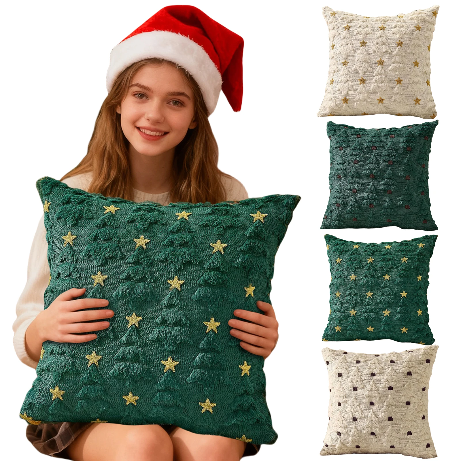 

45x45cm Christmas Tree Print Plush Pillowcase Cushion Case Throw Pillow Case for Winter Holiday Home Bedroom Sofa Decors
