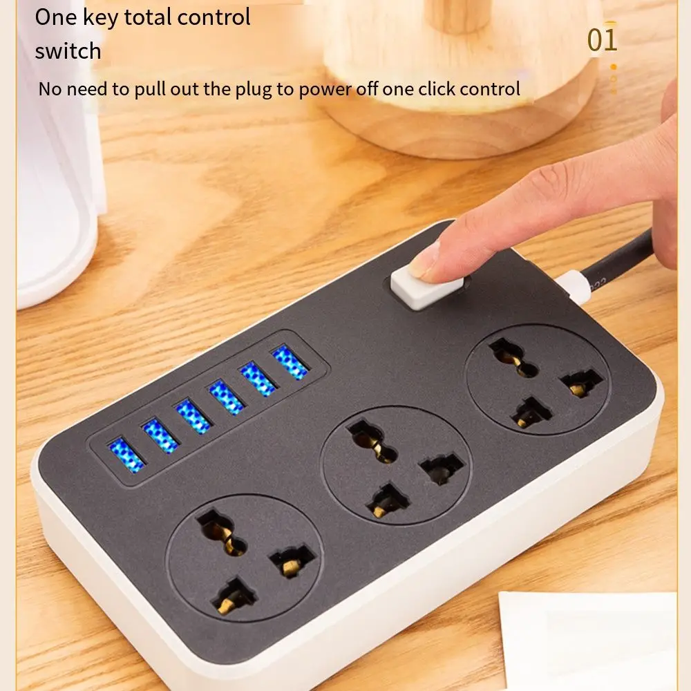 UK EU US Outlet Power Strip 2m Extension Cord 3-Outlets Surge-Protected Power Strip Universal Plug Independent Switch