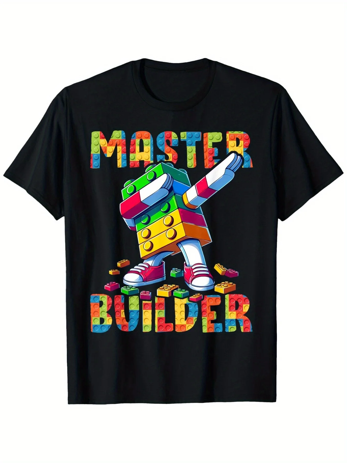

Футболка Master Builder Fun с геометрическим блоком, дизайн для мальчиков и девочек, красочная футболка с рисунком строительных кирпичей, дышащий хлопок, повседневный экипаж