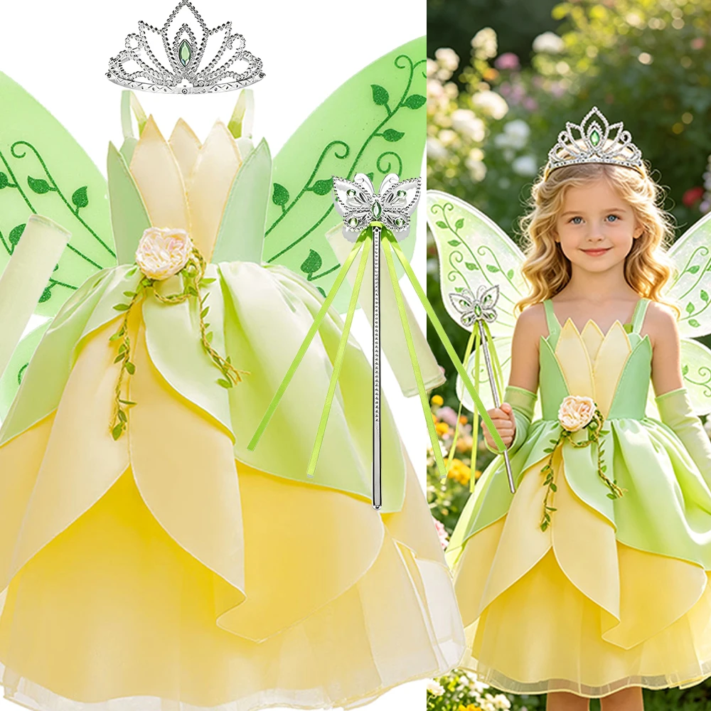 Petal Layered Fairy Princess Dress Kids Green Yellow Flower Outfit with Butterfly Leaf Wings Elf Ears for Kids Book Week Parade