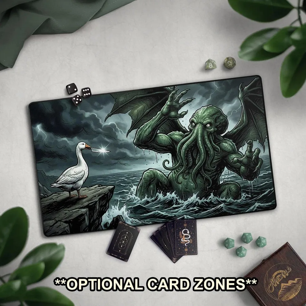 Funny TCG Playmat: Cthulhu & Goose With Knife Game Mat With Optional EDH Card Zones,  Mythical Sea Monster And Goose