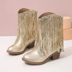 Luxury Gold Sequin Fringe Cowboy Boots Girls Autumn Knee High Western Booties Kid Premium Quality Heeled Point Toe Slip-on Botas