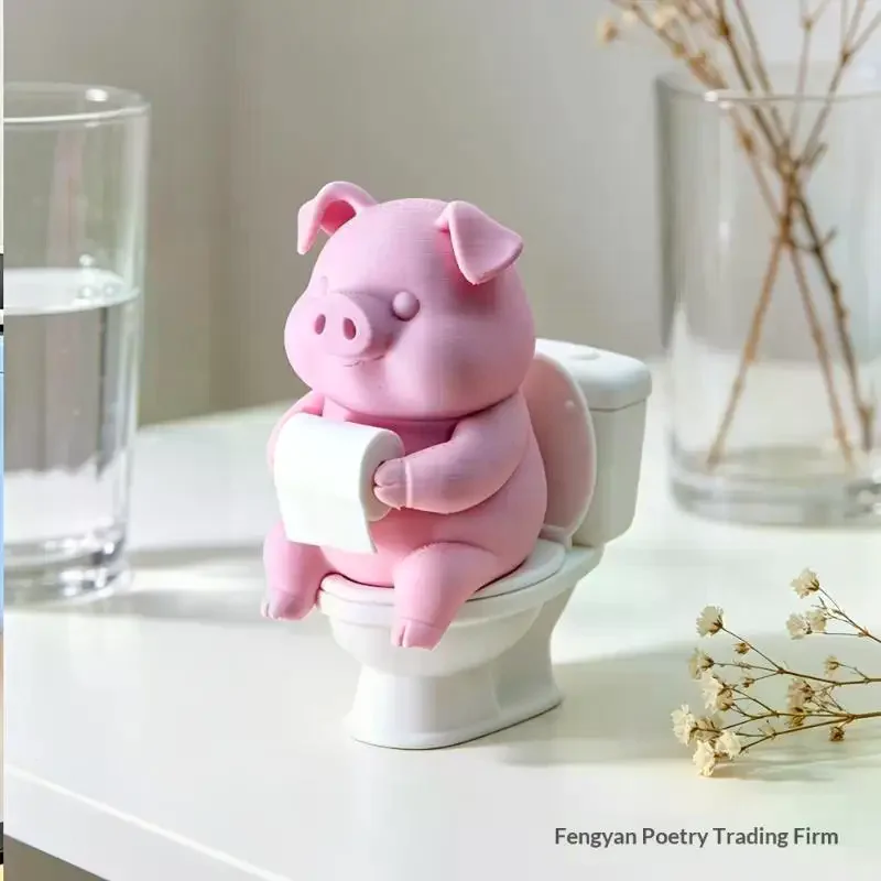 Tabletop Piggy Bathroom Ornament Wall Mounted Cute Pig On Toilet Resin Statue Creative Waterproof Home Decor Gift