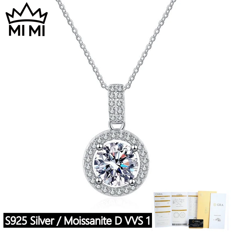 

MY MY 925 Sterling Silver GRA Certified 1CT D Color Full Pavé Halo Moissanite Pendant Choker Necklace with Gift Box