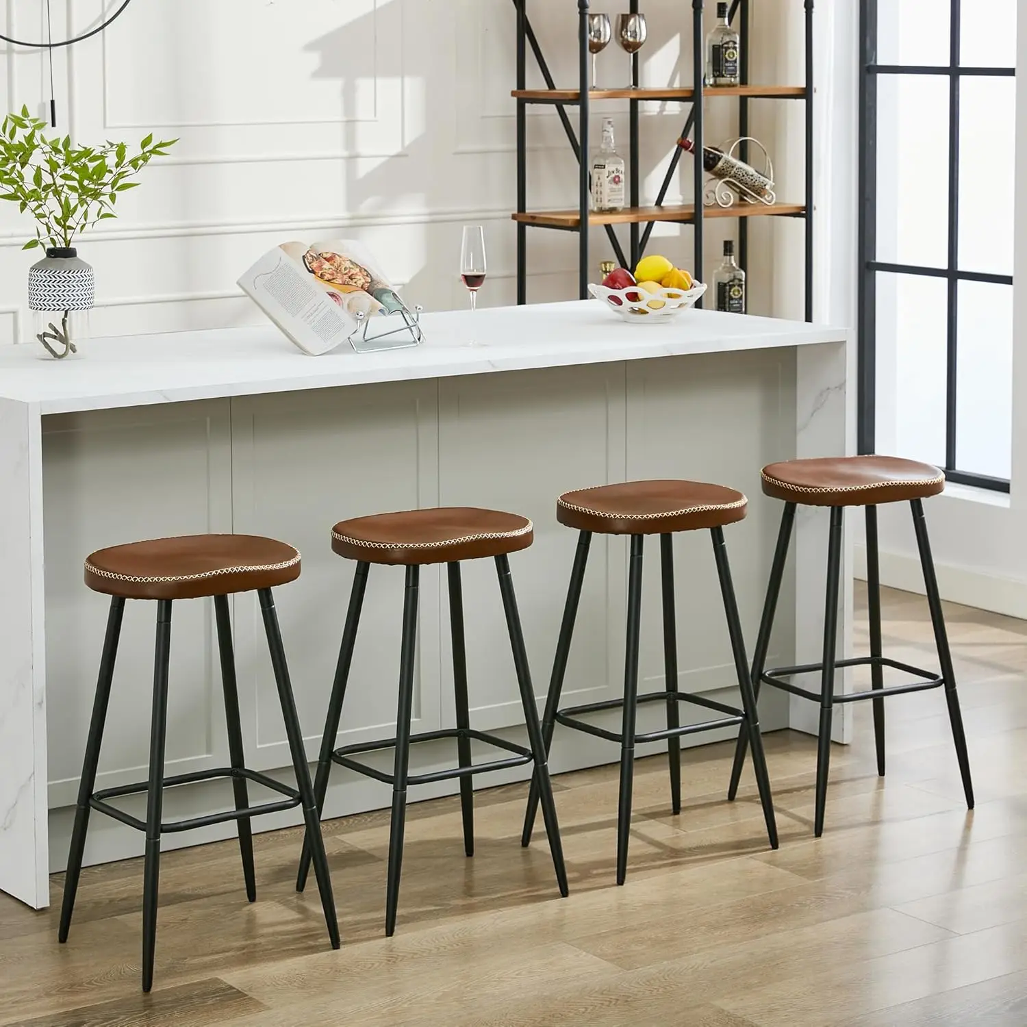Bar Stools Set of 4, Modern Brown Faux Leather Back, 28' Kitchen Island Stools (4 PCS)