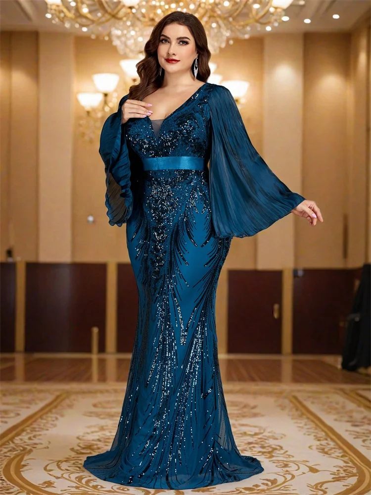 Lucyinlove Plus Size Luxus-Abendkleider mit Pailletten und langen Ärmeln, schmal geschnitten, für Damen, elegante Meerjungfrau-Formelle Party-Cocktailkleider – Detail 5