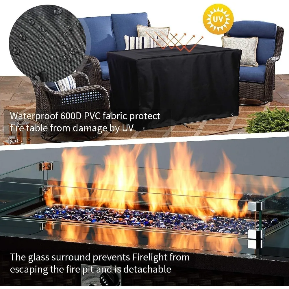 44in Outdoor Propane Gas Fire Pit Table, 50,000 BTU Auto-Ignition Gas Firepit, Black Tempered Glass Tabletop & Blue Glass Rock