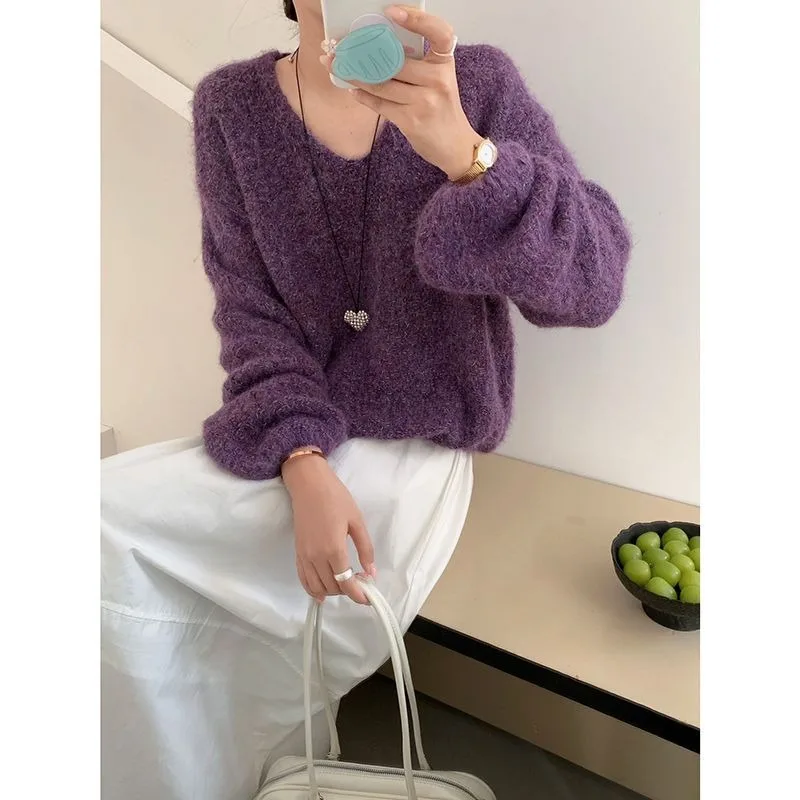 Women V Neck Oversized Knit Sweater Soft Cozy Loose Lazy Style Cropped Pullover Top For Autumn Winter