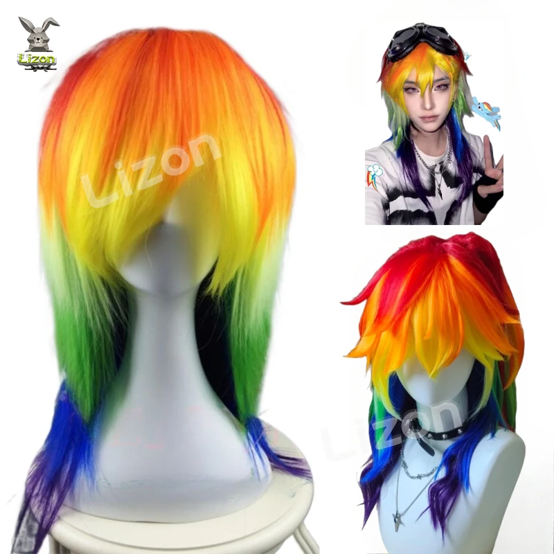 Rainbow Dash Little Pony Anime Cosplay Prop Rainbow High Ponytail Wig Cute Girl Hair Women Halloween Comic Roleplay