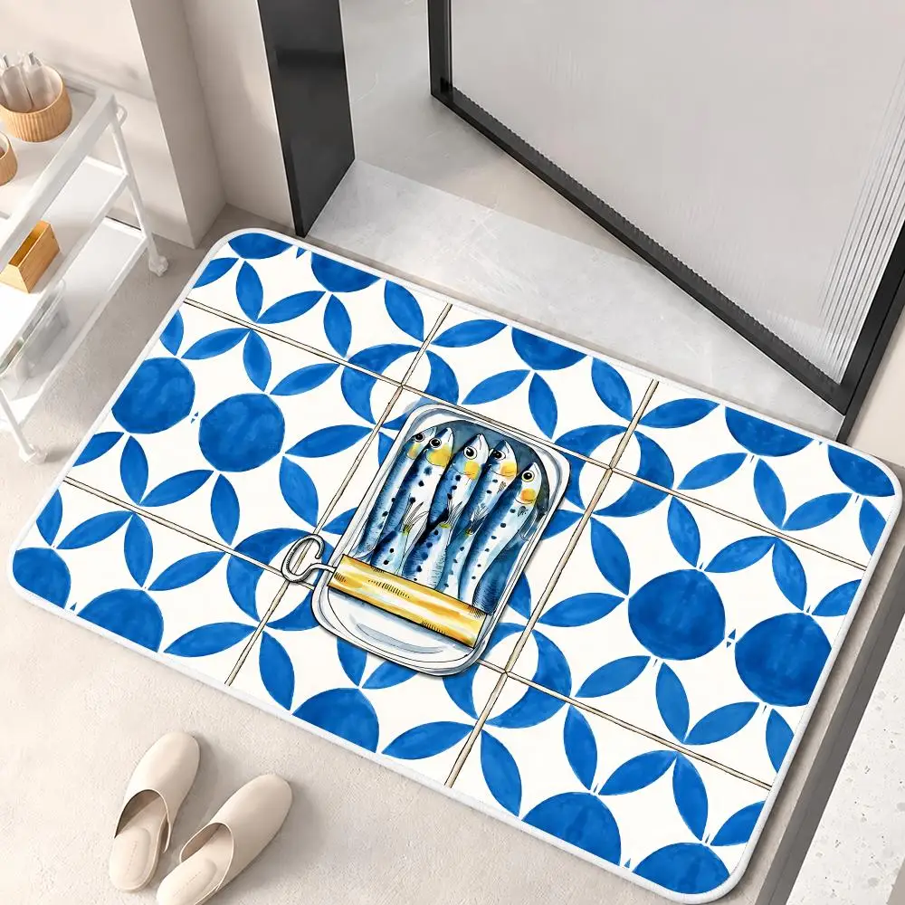 Checkered Sardine Tin Art Floor Mat Flannel Rug Soft Non Slip Washable Door Mat for Bathroom Bedroom Kitchen Home Decor