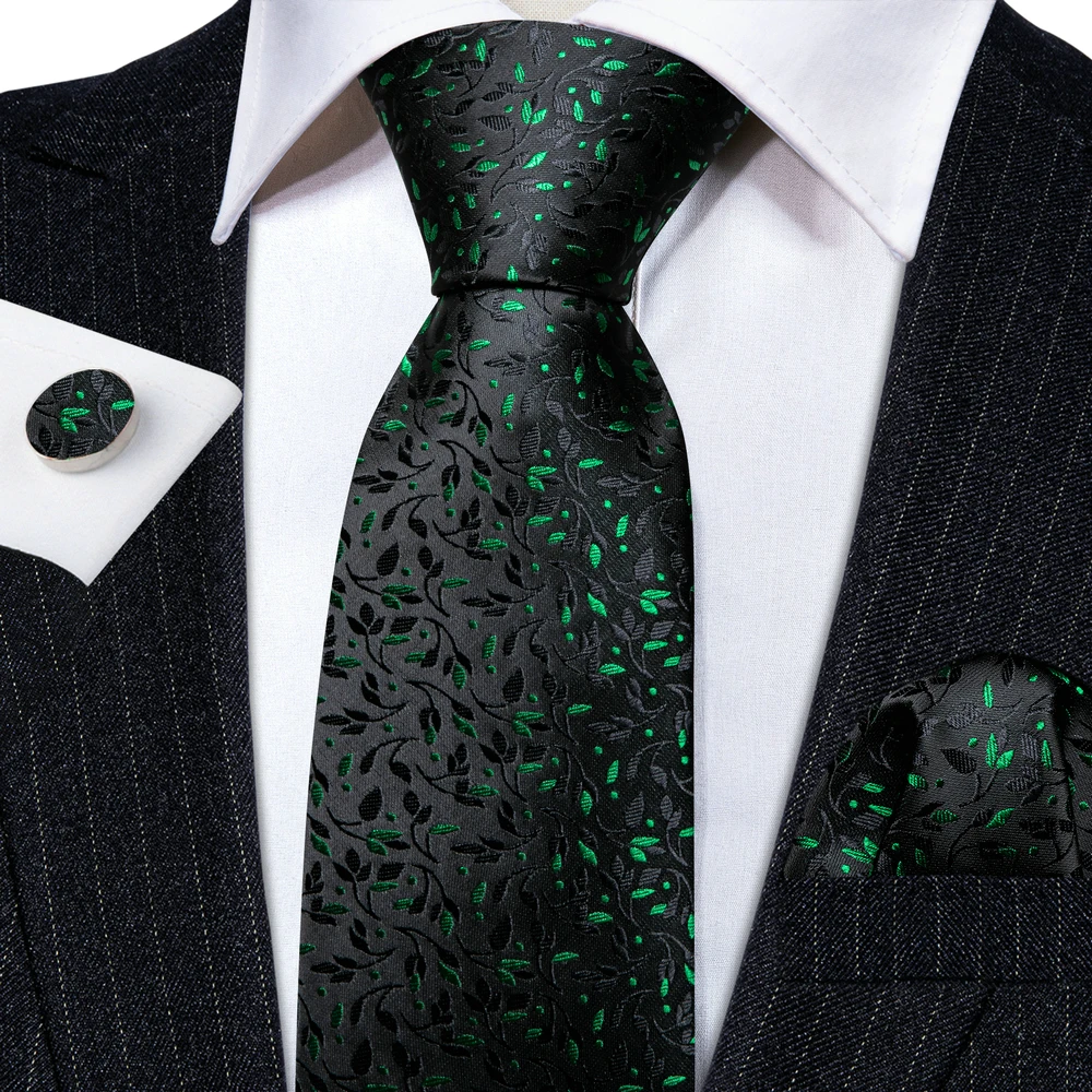 Conjunto de corbatas de seda de lujo para hombre, corbata de cuello Floral, conjunto de gemelos, pañuelo, negro, hojas verdes, boda, fiesta de