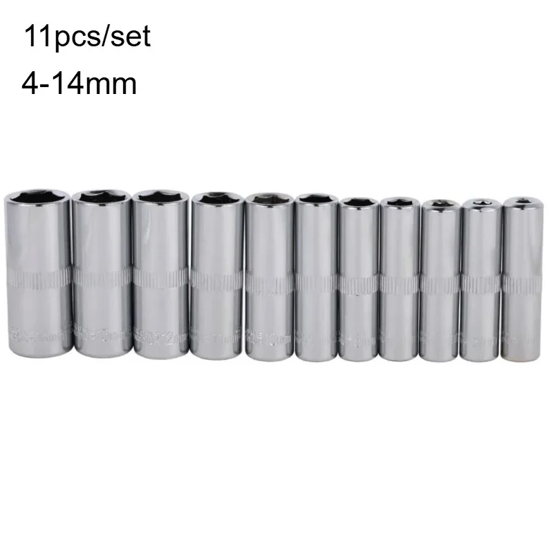 For 1/4-Inch Drive 6-Point Deep Socket 11pcs 4 Mm To 14 Mm Professional Grade Metric Long Chrome Socket Set