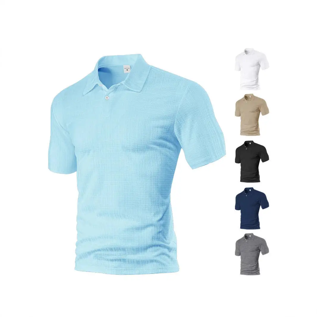 

Men's Summer Pure Color Short Sleeve Polyester Flax Simulation Shirt Collar Square Grid Turnover Men's Shirt Casual Business