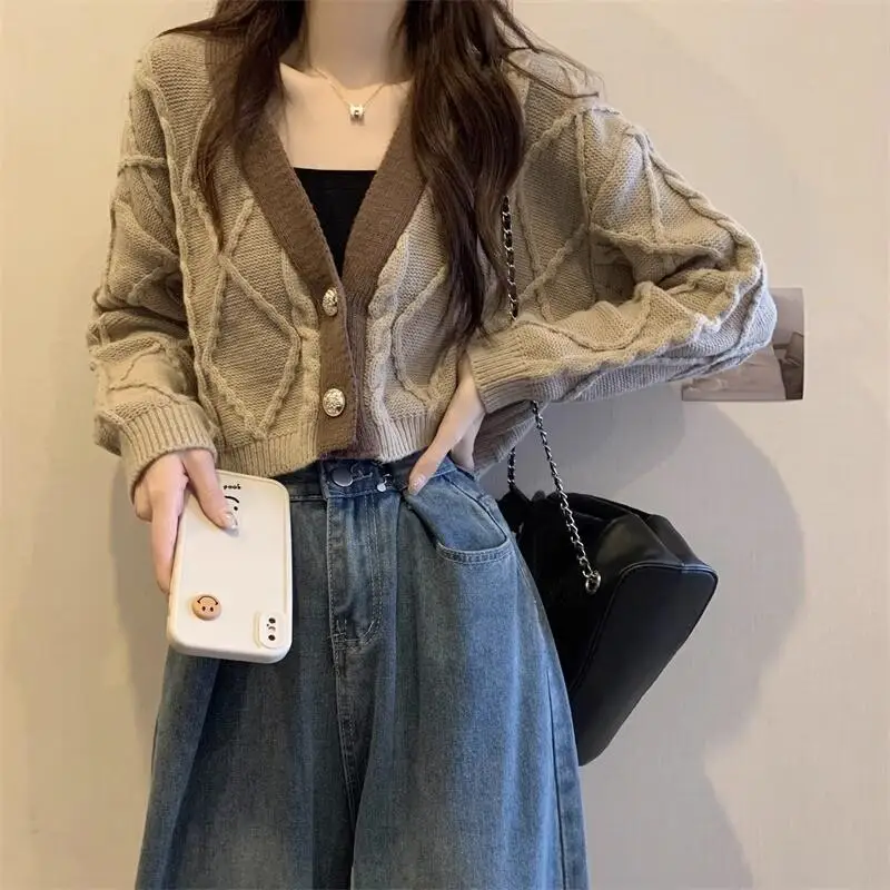 

V Neck Knitted Cardigan High Waist Long Sleeve Sweater Coat Woman clothes winter 2025 cozy tops women's clothes