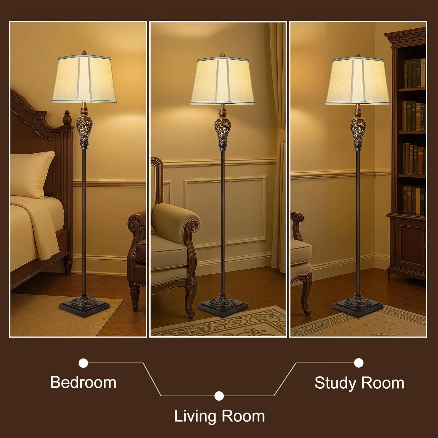 Vintage vloerlamp 65' retro staande lamp met bruine afwerking en beige kunstzijde kap, boerderij industriële hoge lamp voor