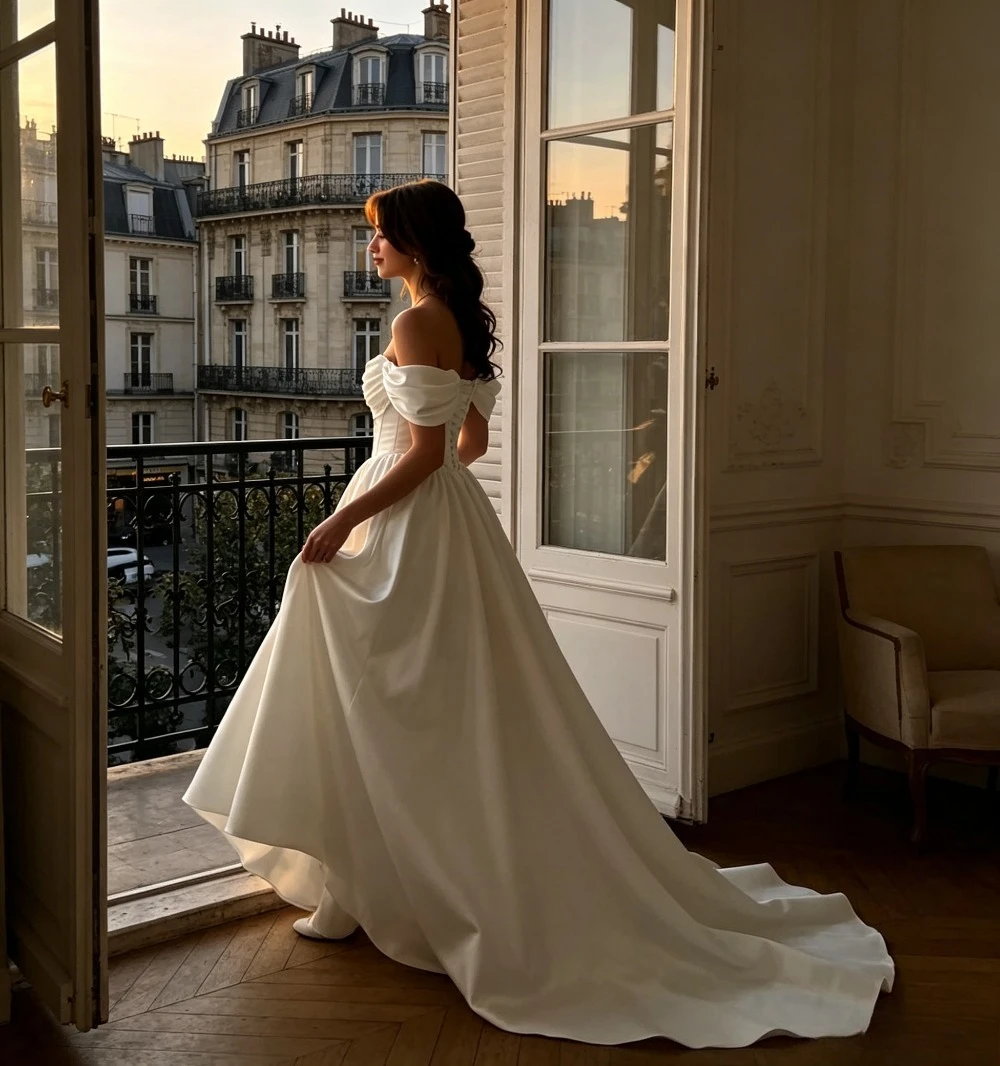 Customized Off Shoulder Bubble Sleeves Satin Beach Wedding Dresses 2026 New Tight Corset A-line Bridal Gown Minimalist Style