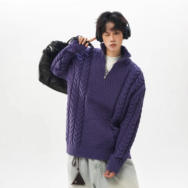 American Street Style Rough Twist Half-zipper Knitted Sweater Men's Trendy Brand Loose Couple Pullover Sweater Fashion Menswear