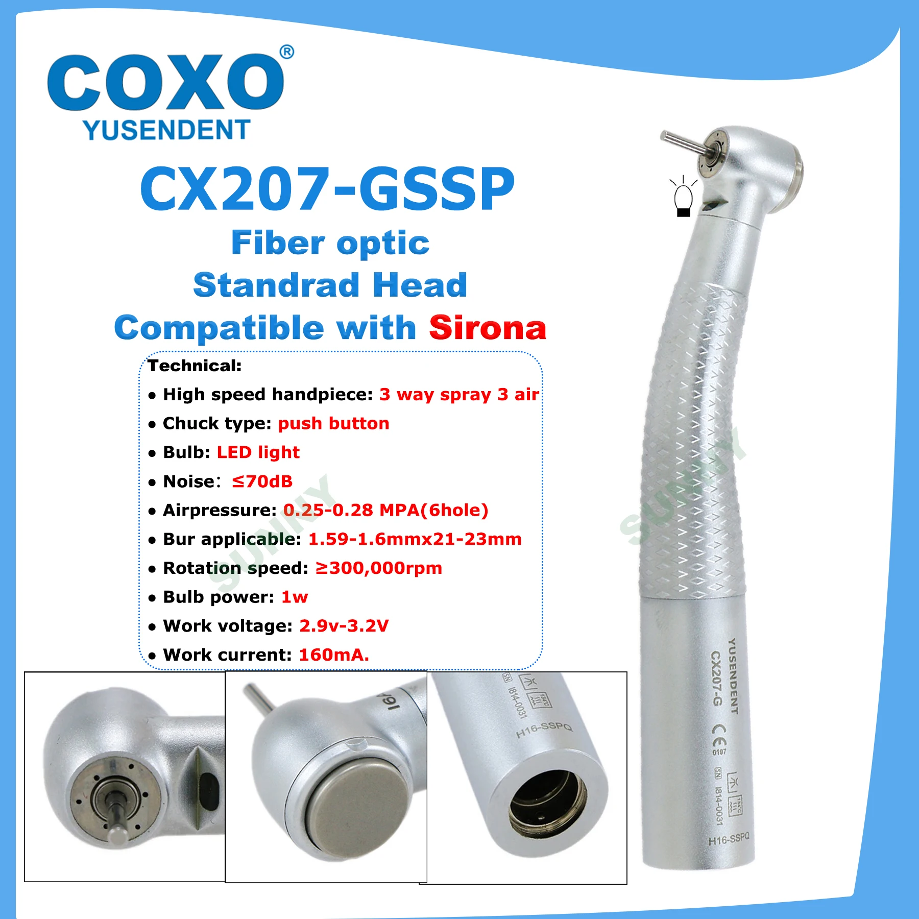 COXO Dental High Speed Handpiece Fiber Optic High Speed Turbines Air Rotor Standard/Torque Head LED Coupler 6 Pin Fit Sirona