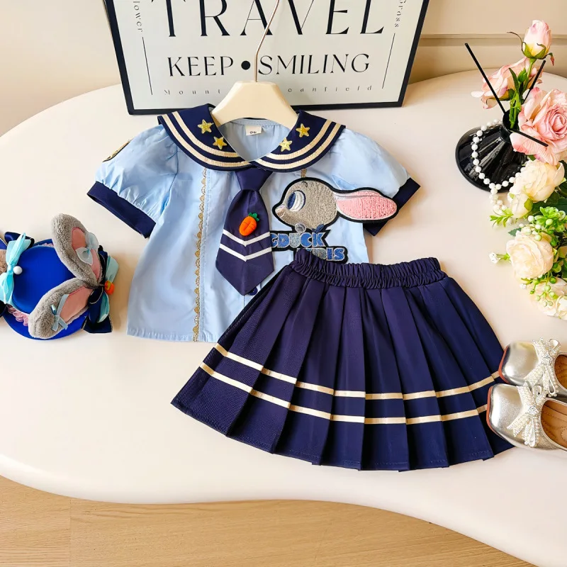 

2025Summer Outfit for Girls: Bunny Officer Korean Style Fashionable Short Sleeve Shirt for Little Girls+Two-Piece Skirt