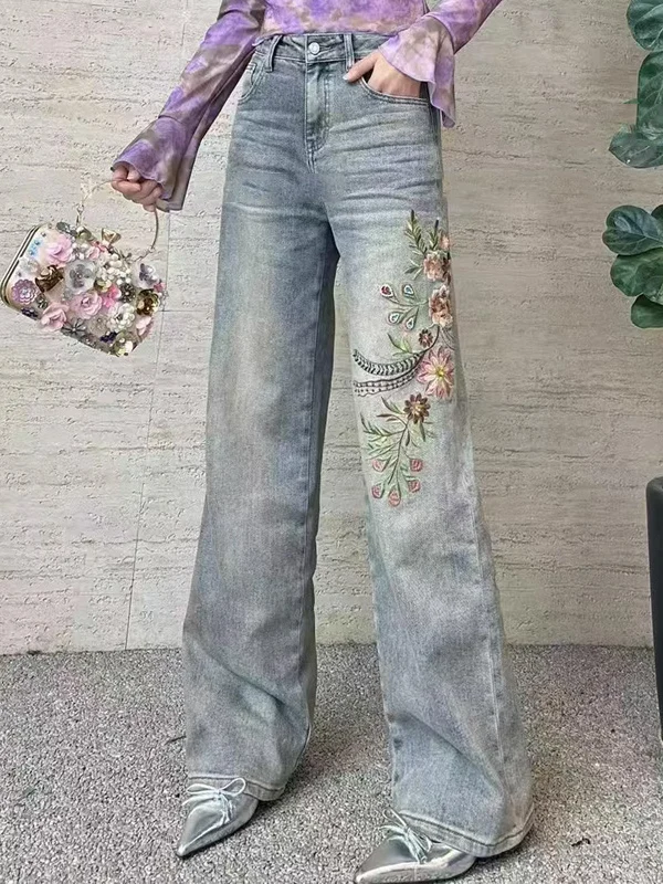 

Spring 2026 Heavy Embroidery Flower Beaded Denim Jeans Women's Faion Straight Leg Pants High Waist Wide Leg Casual Sle