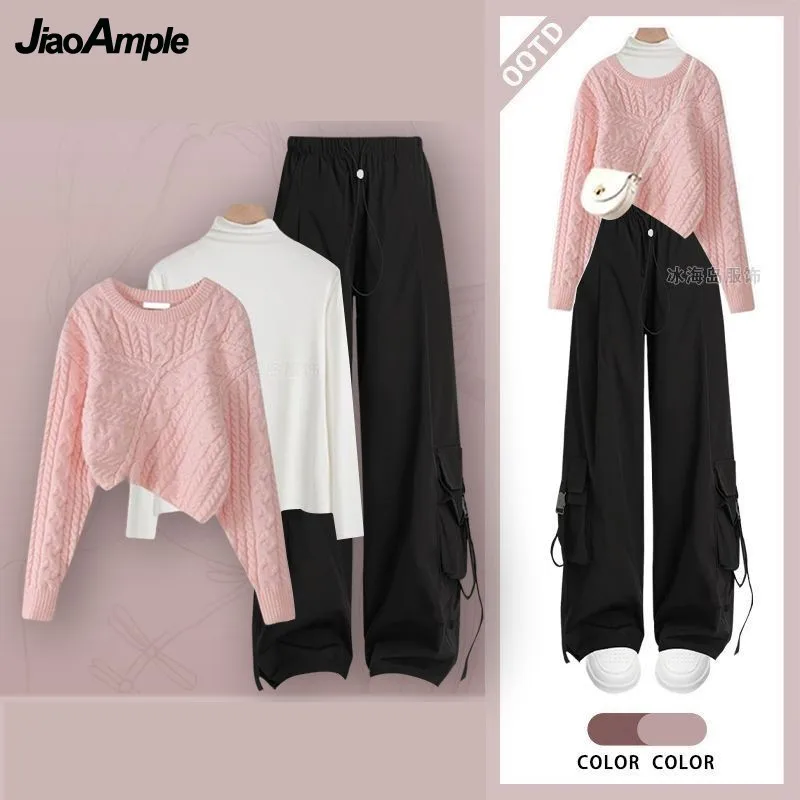 

Women's Autumn/Winter New Casual Tracksuit Matching Set Korean Elegant Knit Sweater+Bottom Shirt+Loose Work Pants 3-Piece Suit