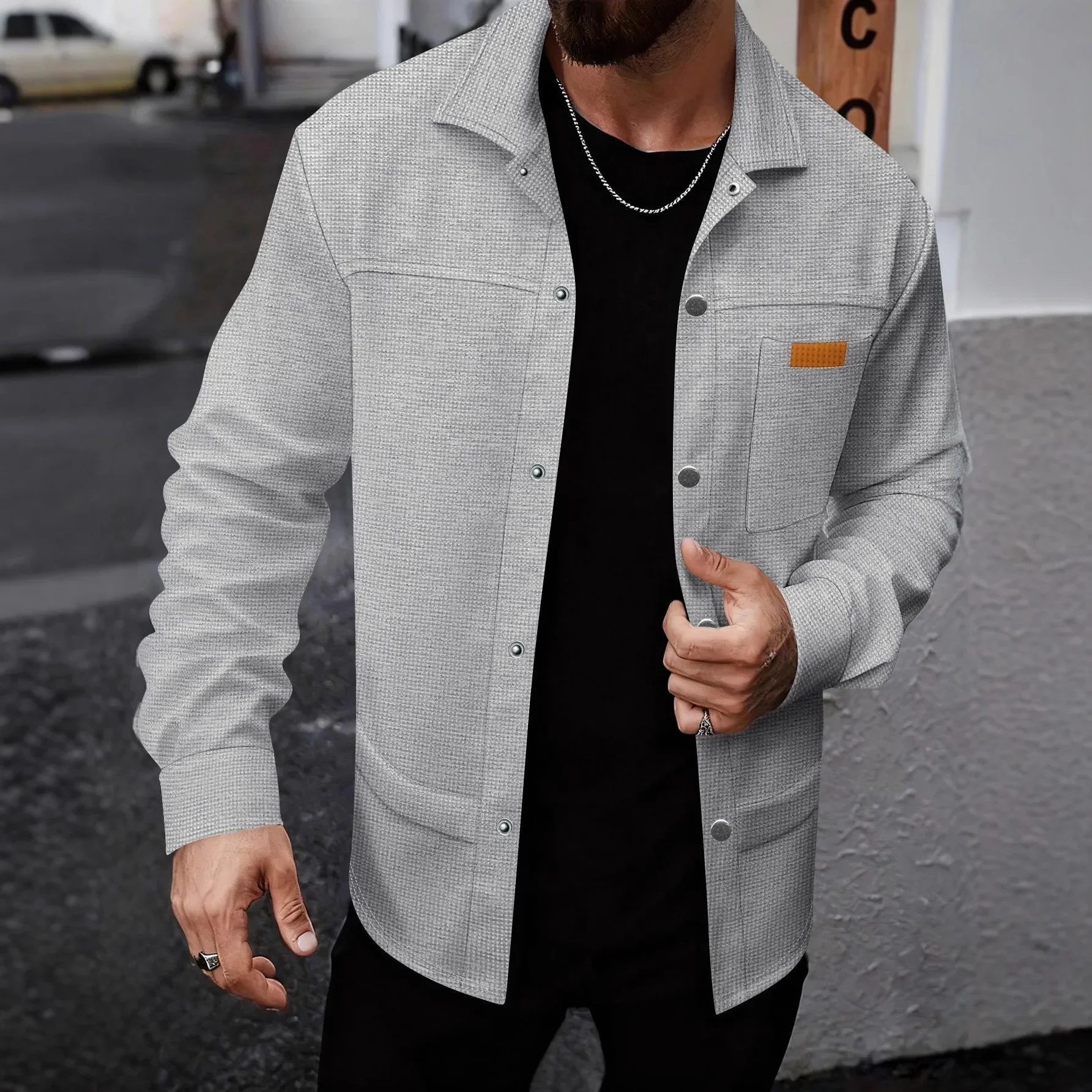 Men's Vintage Textured Work Shirt Jacket Casual Button Down Utility Shacket Long Sleeve Streetwear Overcoat with Pocket Patch