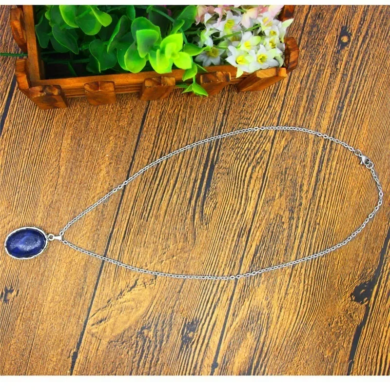Oval Natural Lapis Lazuli Jewelry Set Necklace Earrings For Women Antique Silver Plated Stainless Steel Chain Wedding Party Gift