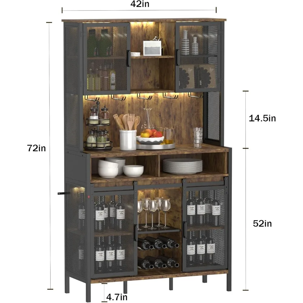 Kabinet Bar Kopi & Anggur 72" dengan Pintu Gudang Geser, Kabinet Prasmanan Rumah Pertanian dengan Rak Anggur & Tempat Kaca