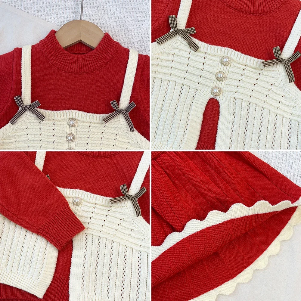 Kinder Mädchen 2-teiliger Strickanzug Langarm-Oberteil mit Schleifendekoration, zweiteiliger Pullover-Rock, süßes Prinzessinnen-Outfit für Kleinkinder 2-6 Jahre – Detail 18
