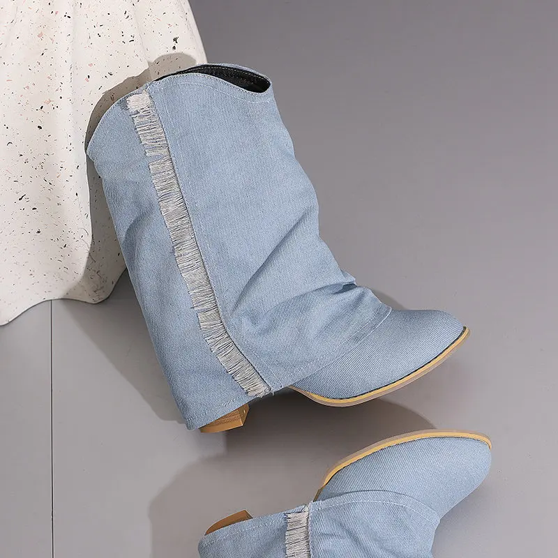 REAVE CAT السيدات أحذية النساء منتصف العجل الأحذية أشار تو 5.5 سنتيمتر كعب الانزلاق على قطيع الجلد المدبوغ ديكور أحذية الركبة غير رسمية حجم كبير 42 43